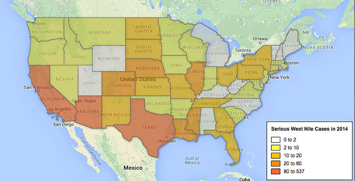 Map of west nile cases in U.S.